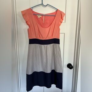 Vintage Monsoon: Colorblock Dress - Coral, Navy & Gray, Silk & Linen: Size US 8